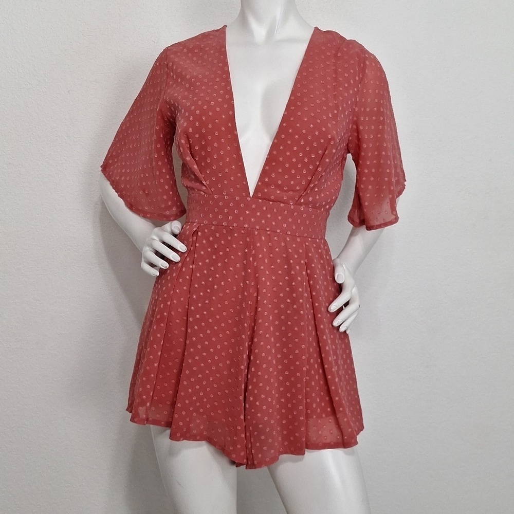 Showpo Coral Deep V-Neck Half Sleeve Back Tie Coquette Romantic Romper Size 6